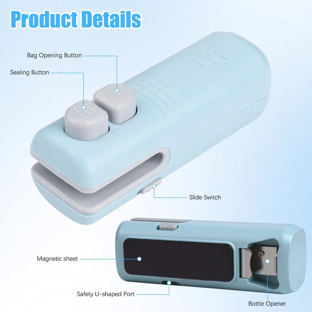 2Pcs 3 in 1 Mini Bag Sealer, Upgraded Rechargeable Mini Bag Sealer with Cutter and Magnet,Small Household Pressure Sealer,Portable Plastic Bag Sealing Machine,Heat Sealer for Snack Bag Food Storage