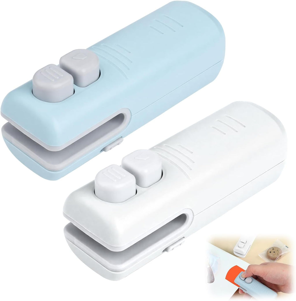 2Pcs 3 in 1 Mini Bag Sealer, Upgraded Rechargeable Mini Bag Sealer with Cutter and Magnet,Small Household Pressure Sealer,Portable Plastic Bag Sealing Machine,Heat Sealer for Snack Bag Food Storage