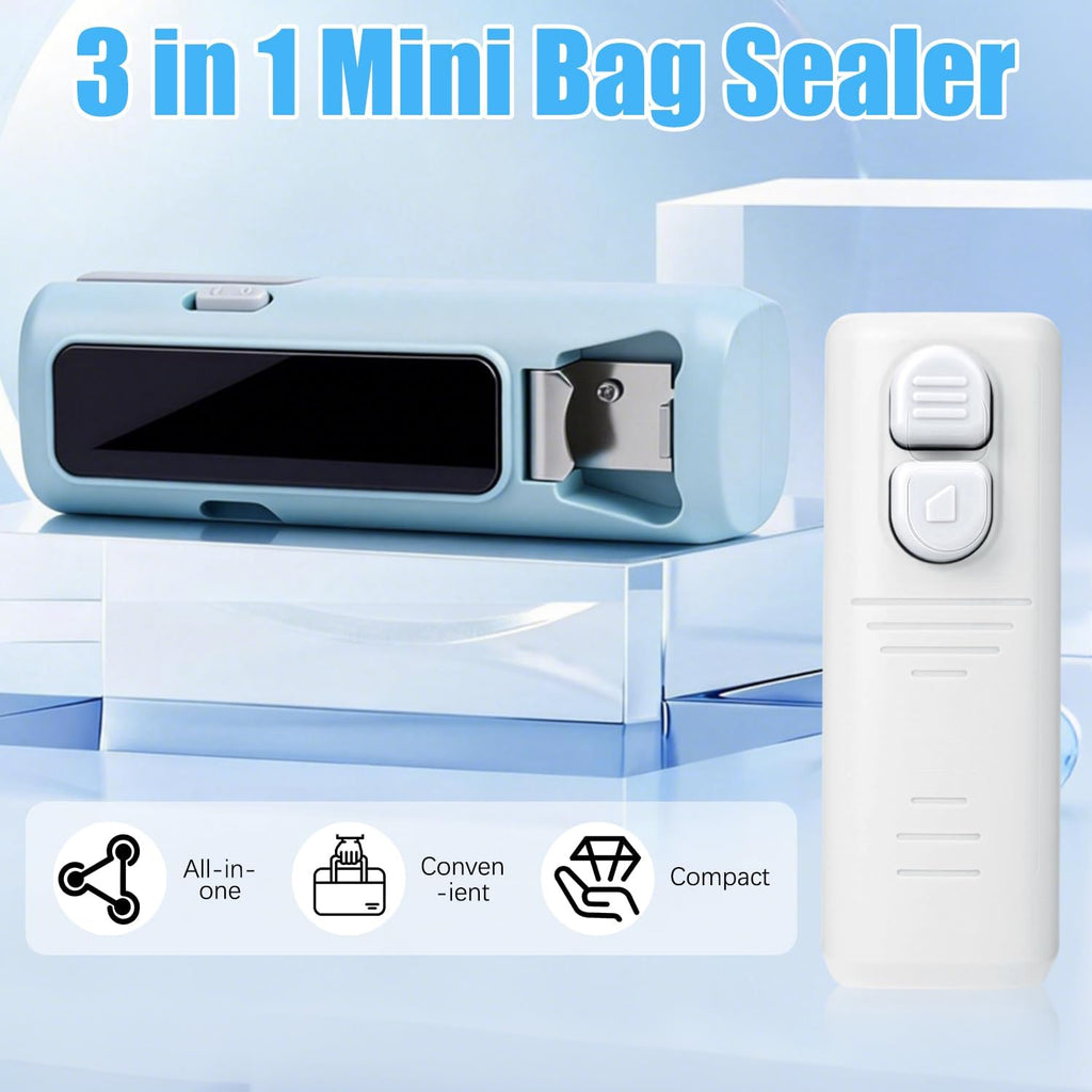 2Pcs 3 in 1 Mini Bag Sealer, Upgraded Rechargeable Mini Bag Sealer with Cutter and Magnet,Small Household Pressure Sealer,Portable Plastic Bag Sealing Machine,Heat Sealer for Snack Bag Food Storage