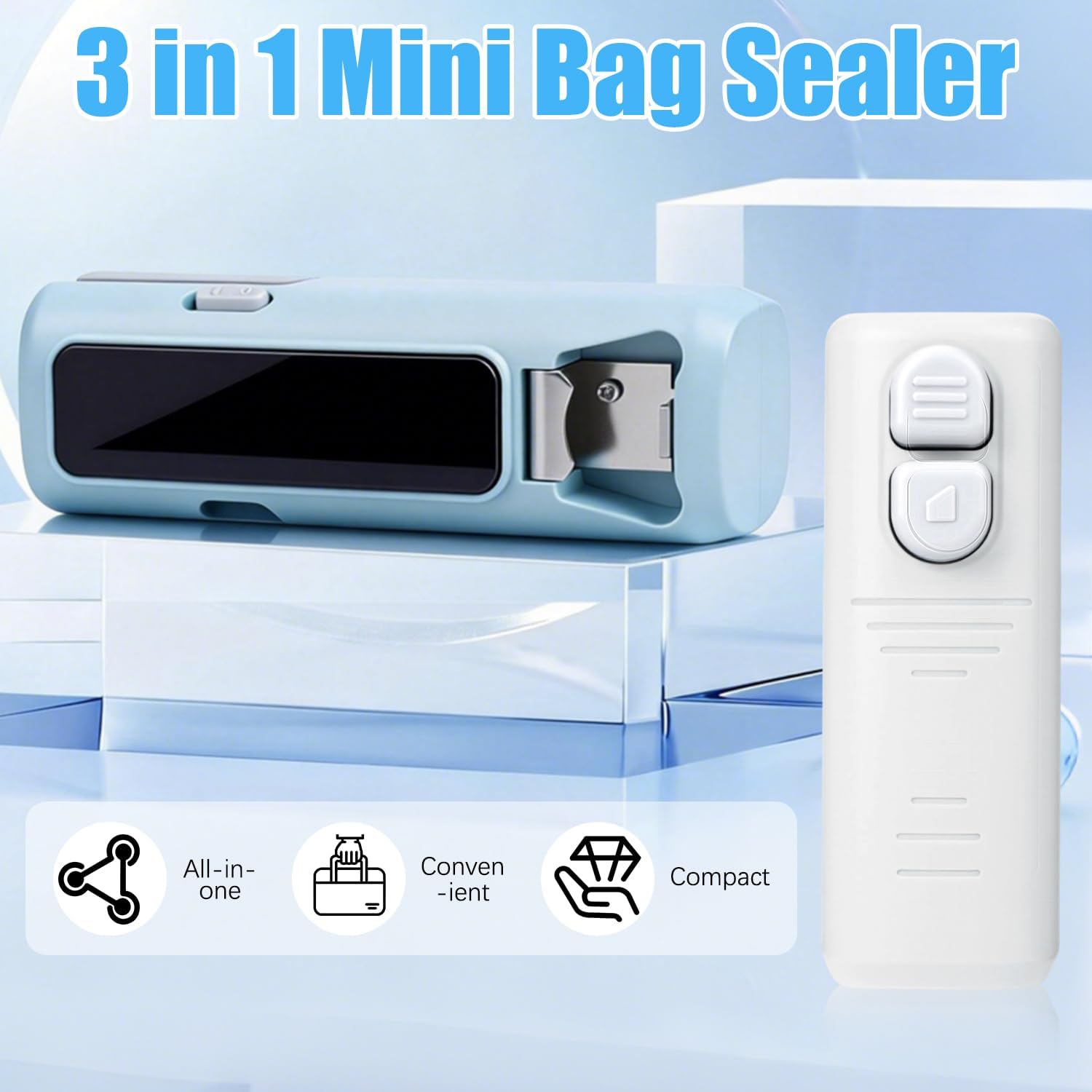 2Pcs 3 in 1 Mini Bag Sealer, Upgraded Rechargeable Mini Bag Sealer with Cutter and Magnet,Small Household Pressure Sealer,Portable Plastic Bag Sealing Machine,Heat Sealer for Snack Bag Food Storage