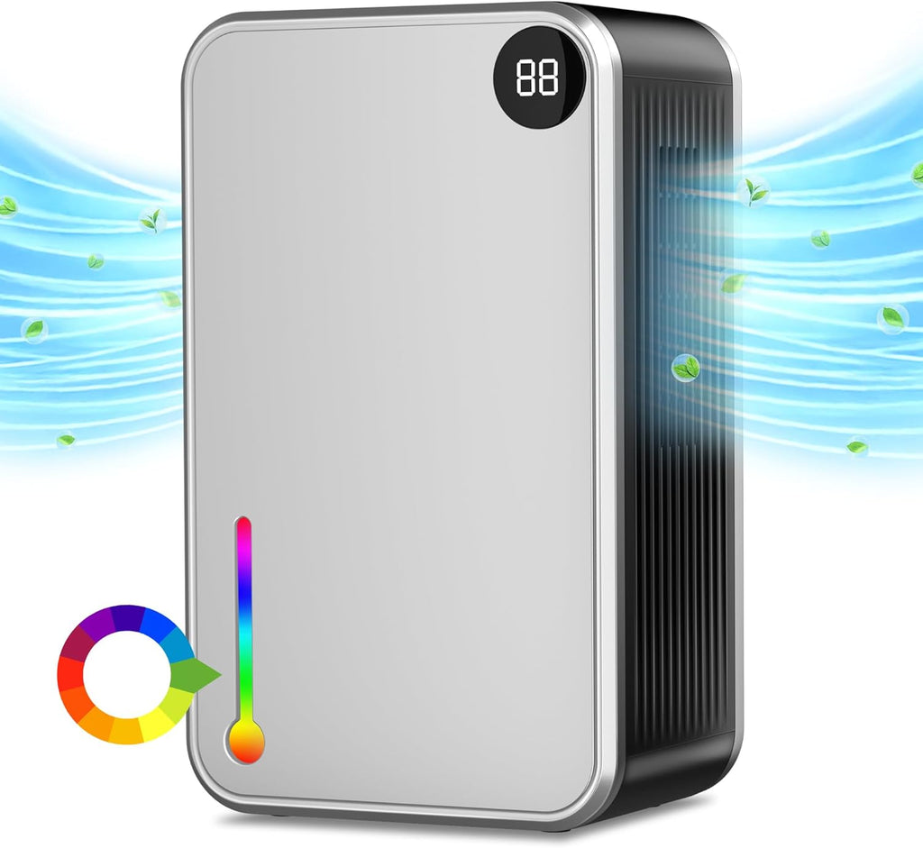 Dehumidifier, Small Dehumidifiers Quiet with Auto Shut Off, Humidity Display Dehumidifier for Bedroom/Bathroom, Timer, Drain Hose, 7-color LED light