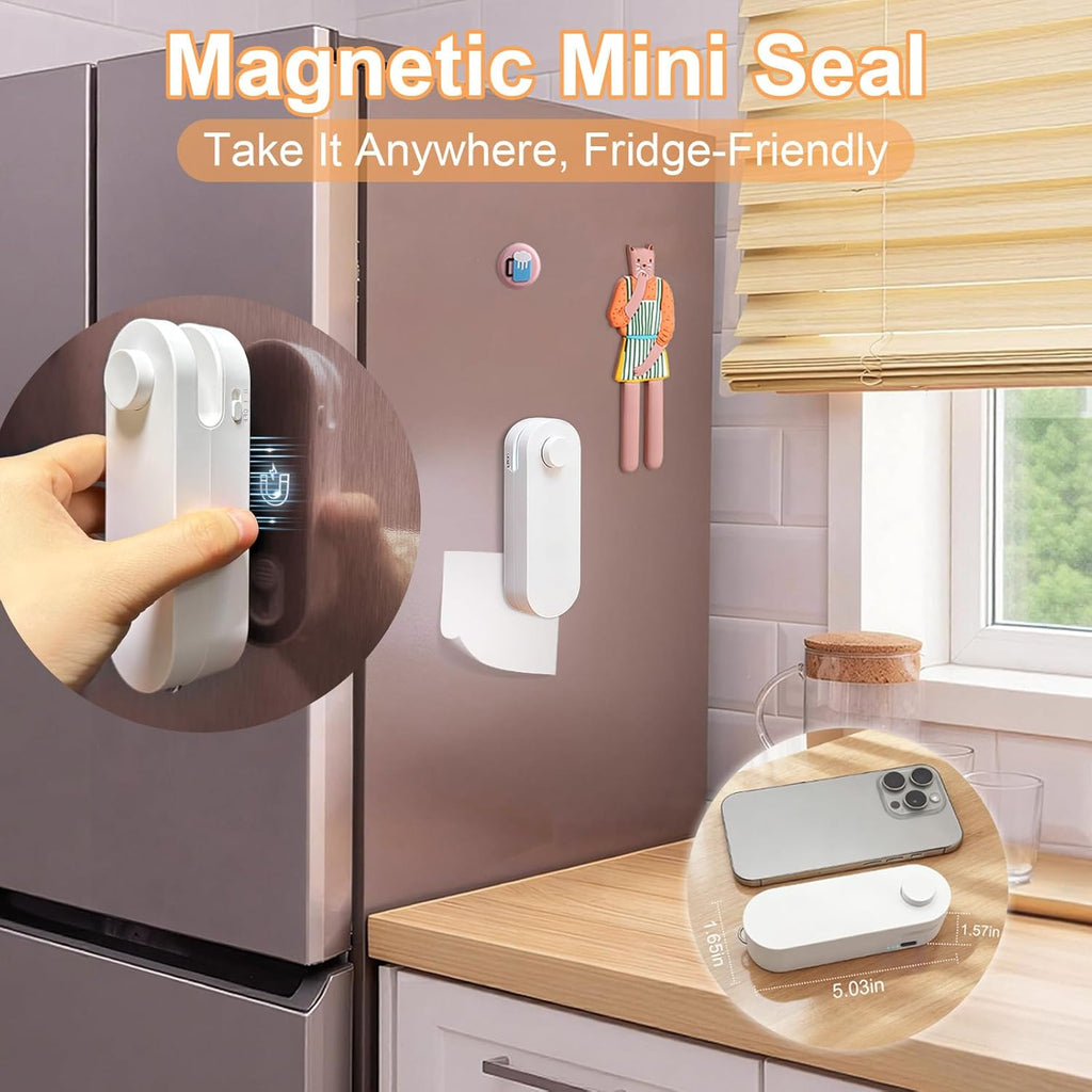 Bag Sealer with Cutter and Magnet, Snack Bag Sealing Machine 3-in-1 Mini Portable Handheld Heat Seal 1200mAh Rechargeable Plastic Bag Sealer Food Freshness