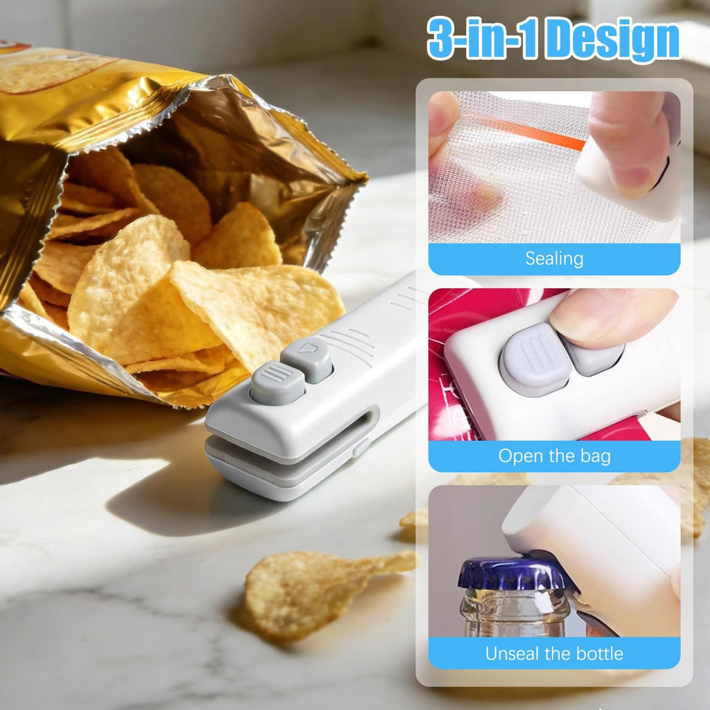 2Pcs 3 in 1 Mini Bag Sealer, Upgraded Rechargeable Mini Bag Sealer with Cutter and Magnet,Small Household Pressure Sealer,Portable Plastic Bag Sealing Machine,Heat Sealer for Snack Bag Food Storage