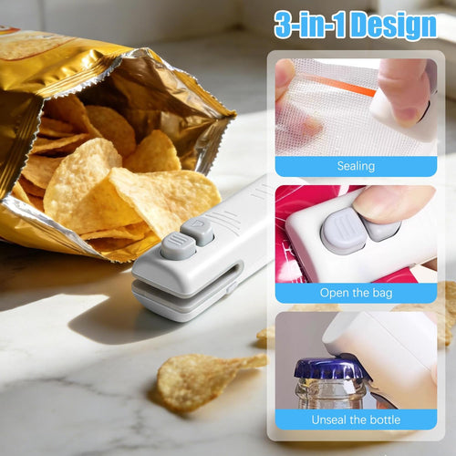 2Pcs 3 in 1 Mini Bag Sealer, Upgraded Rechargeable Mini Bag Sealer with Cutter and Magnet,Small Household Pressure Sealer,Portable Plastic Bag Sealing Machine,Heat Sealer for Snack Bag Food Storage