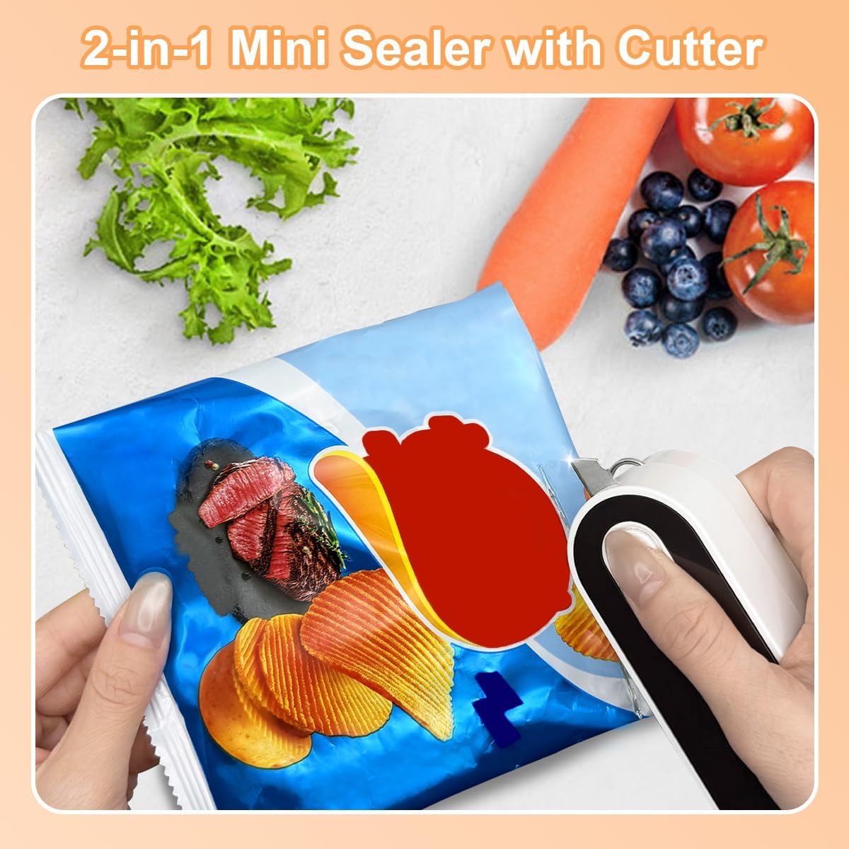 Bag Sealer with Cutter and Magnet, Snack Bag Sealing Machine 3-in-1 Mini Portable Handheld Heat Seal 1200mAh Rechargeable Plastic Bag Sealer Food Freshness
