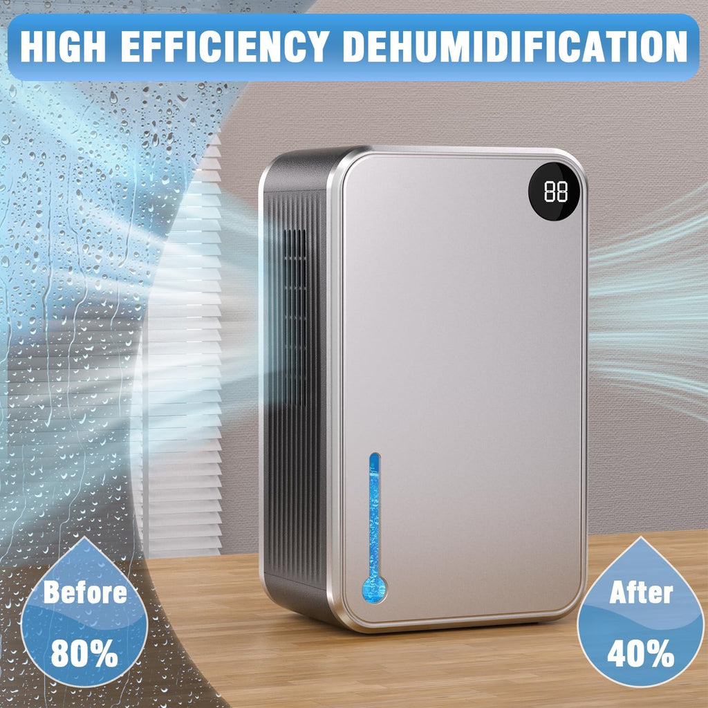 Dehumidifier, Small Dehumidifiers Quiet with Auto Shut Off, Humidity Display Dehumidifier for Bedroom/Bathroom, Timer, Drain Hose, 7-color LED light