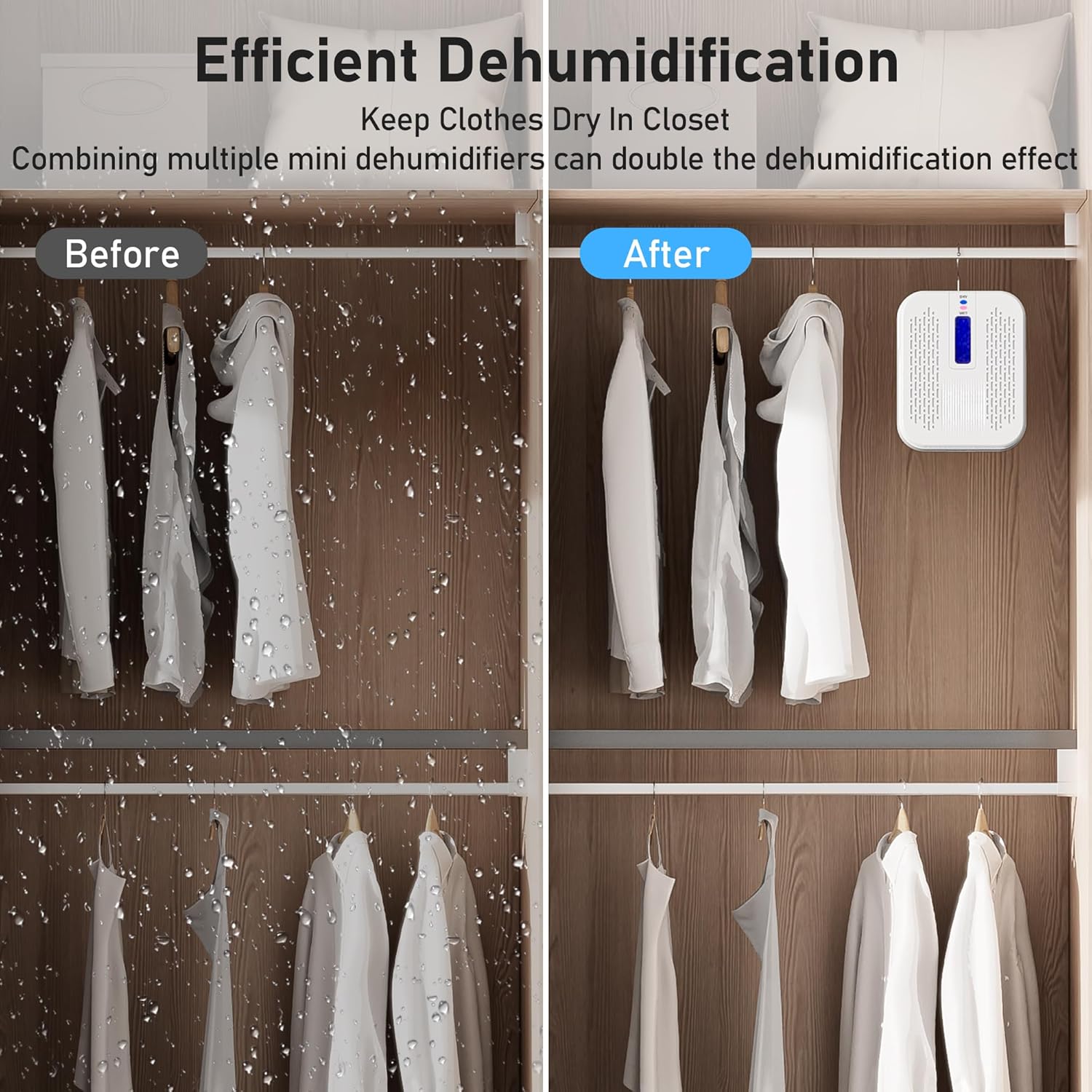 Rechargeable Small Dehumidifier, Pack of 2, Portable Mini Dehumidifier for Bathroom, Highly Efficient Dehumidification, Energy Saving, Suitable for Closet