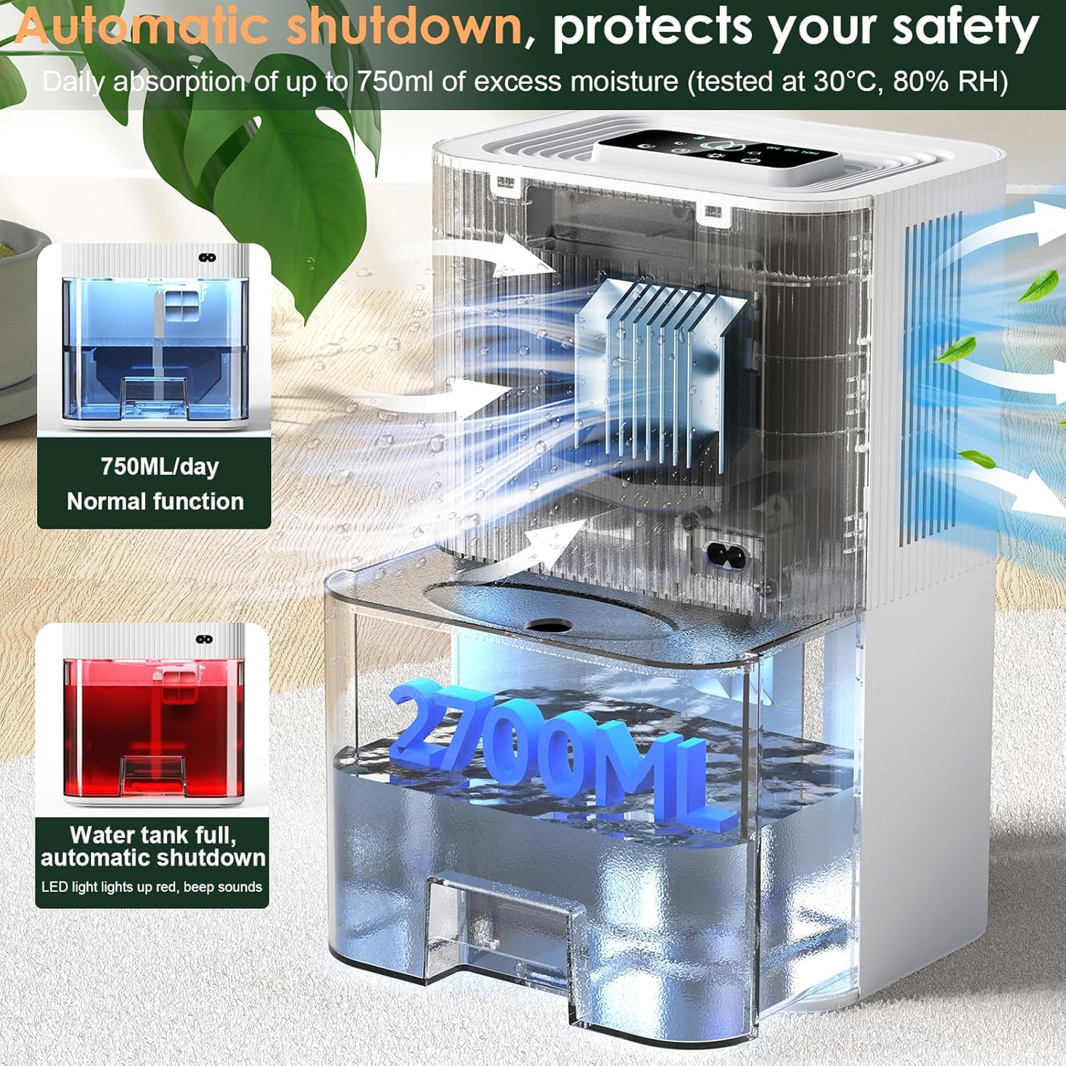 Portable Home Dehumidifier for Basements Bathroom Bedroom|91 OZ Tank|900 sq.ft Coverage|Quiet Smart Design with Auto Shut-Off White