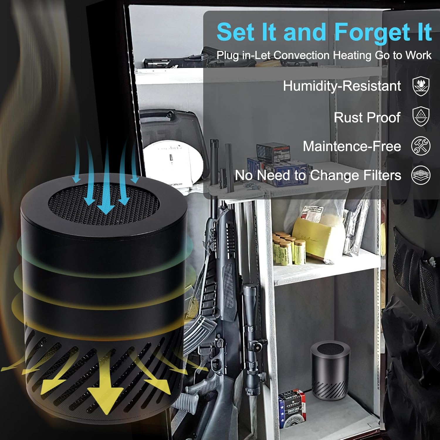 Safe Dehumidifier Electric, Dehumidifier for Gun Safe Dryer, Plug in Gun Safe Heater, 360° Heating Circular Air with Built-in Fan